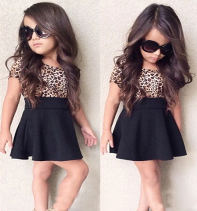 

2pcs/Set Baby Girls Kid Summer Clothes Leopard Short Sleeve T-Shirt + Black Mini Skirt 1-6T