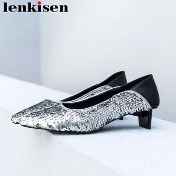 

Lenkisen 2019 new sequined decoration square toe mixed colors low heels slip on natural leather fashion runway simple pumps L72