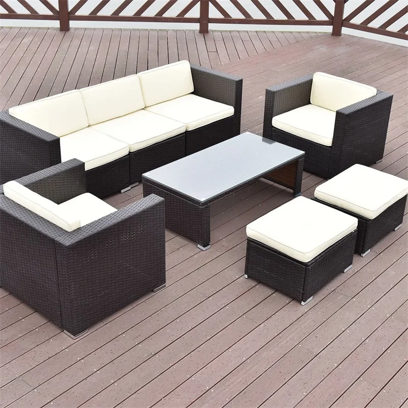 

8 Pcs Outdoor Patio Rattan Wicker Cushioned Furniture Set Solid Steel Frame Thick Soft Seat Cushion Tempered Glass Table HW54431