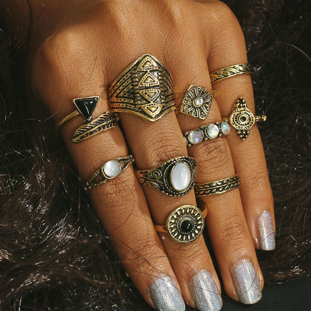 

Bohemian 10pcs/Pack Vintage Blue stone Rings Lucky Stackable Midi Rings Set Knuckle Ring Rings for Women Jewelry Party