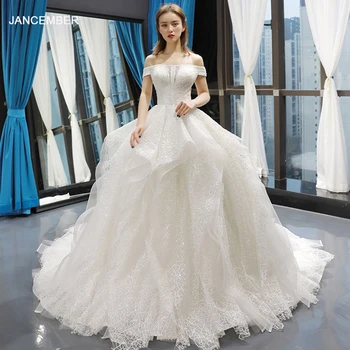 شراءفستان زفاف فاخر من J66761 من الدانتيل من جانسيمبر 2019 بدون الكتف على شكل قارب مثل فستان الزفاف الأبيض رداء Mariée Luxe Col Bateau
