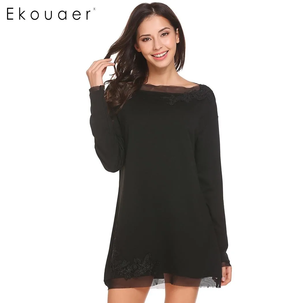 Ekouaer Casual Women Sleepwear Nightgown Slash Neck Embroidery Nighties ...