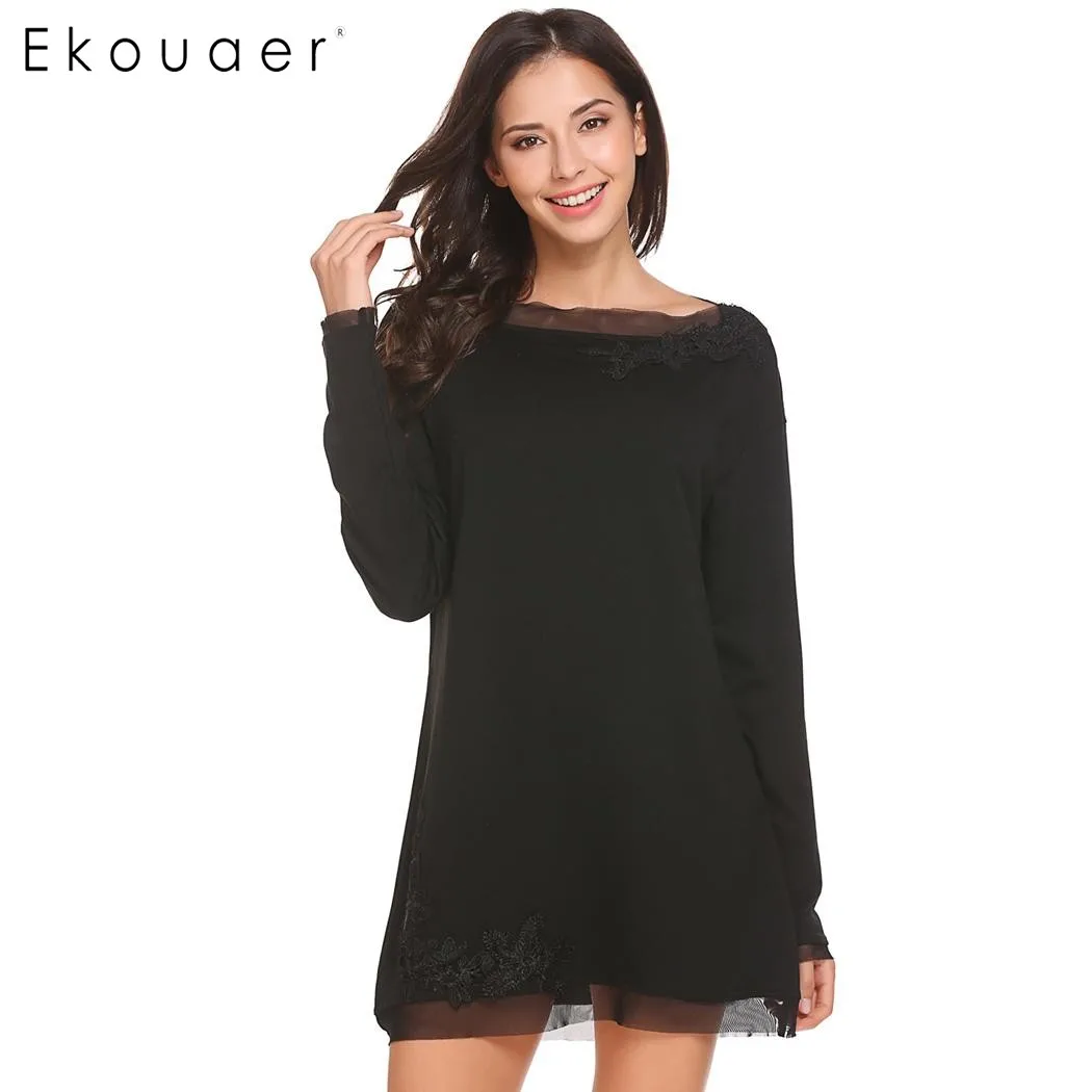 

Ekouaer Casual Women Sleepwear Nightgown Slash Neck Embroidery Nighties Nightshirt Sleep Mesh-Trimmed Long Sleeve Home Dress