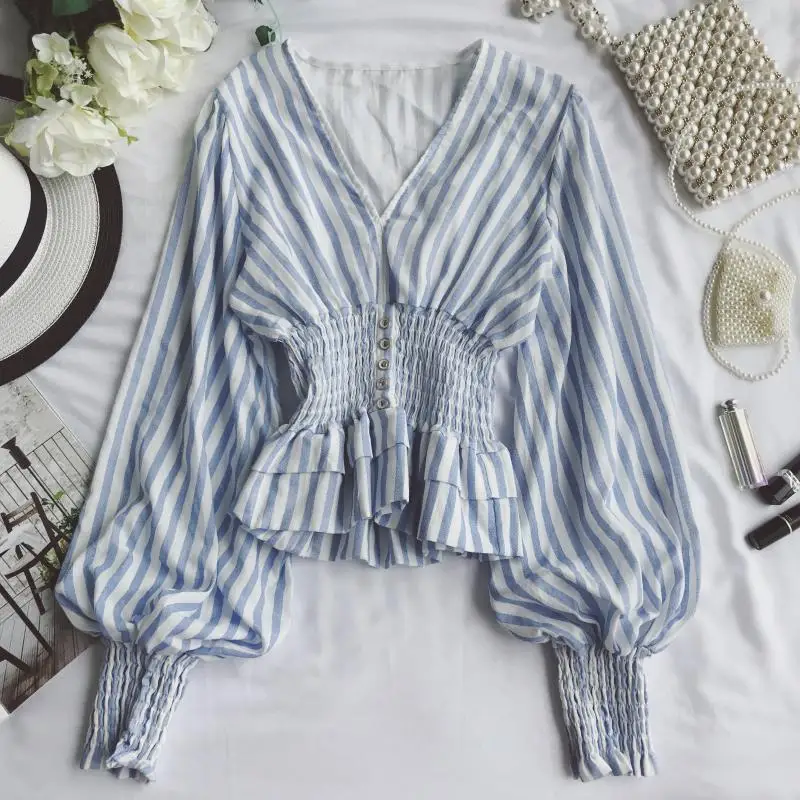 2019 spring women sweet girl Striped deep v neck elastic Puff Sleeve Waist Cake Ruffled Shirt Top | Женская одежда