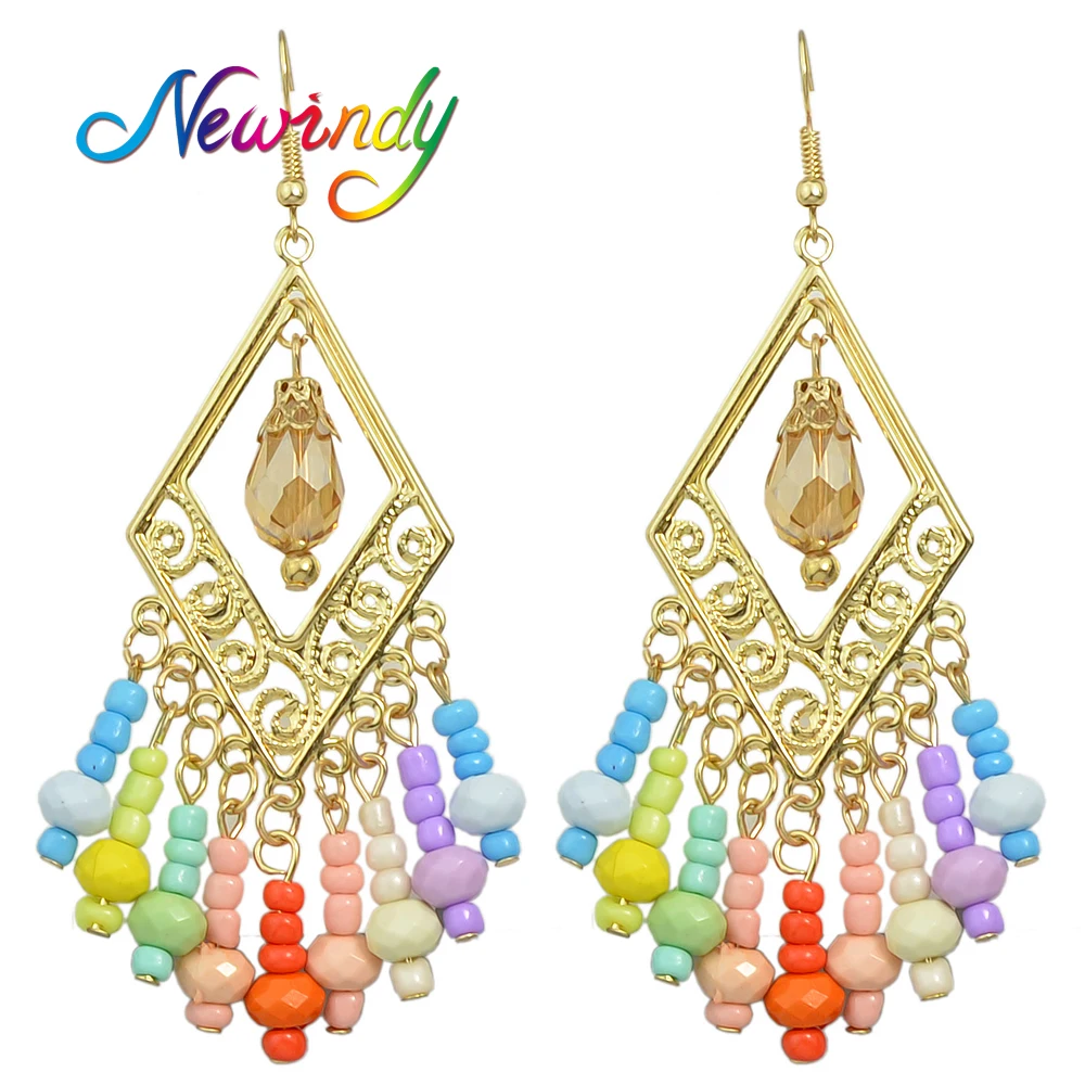 Newindy Bohemian Earrings Gold Color Colourful Beads Hollow out Rhombic