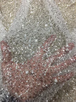 

Free shipping (5yards/pc) Beautiful! sequins French net lace fabric with lots of glass beads and pearl wedding tulle lace FSQX02