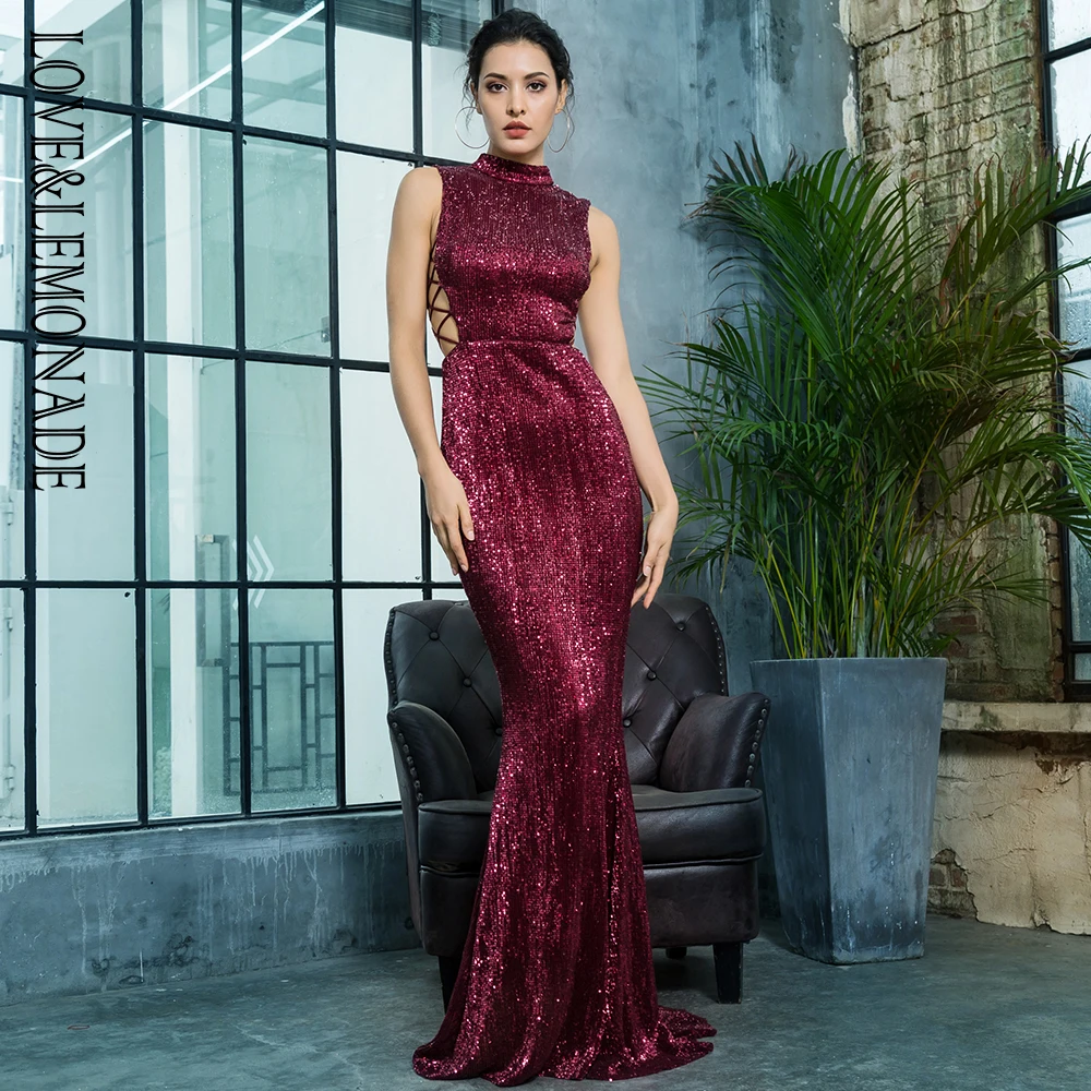 

Love&Lemonade Wine Ren Collar Side Cut Out Fishtail Slim Elastic Sequins Long Dress LM81218 Autumn/Winter