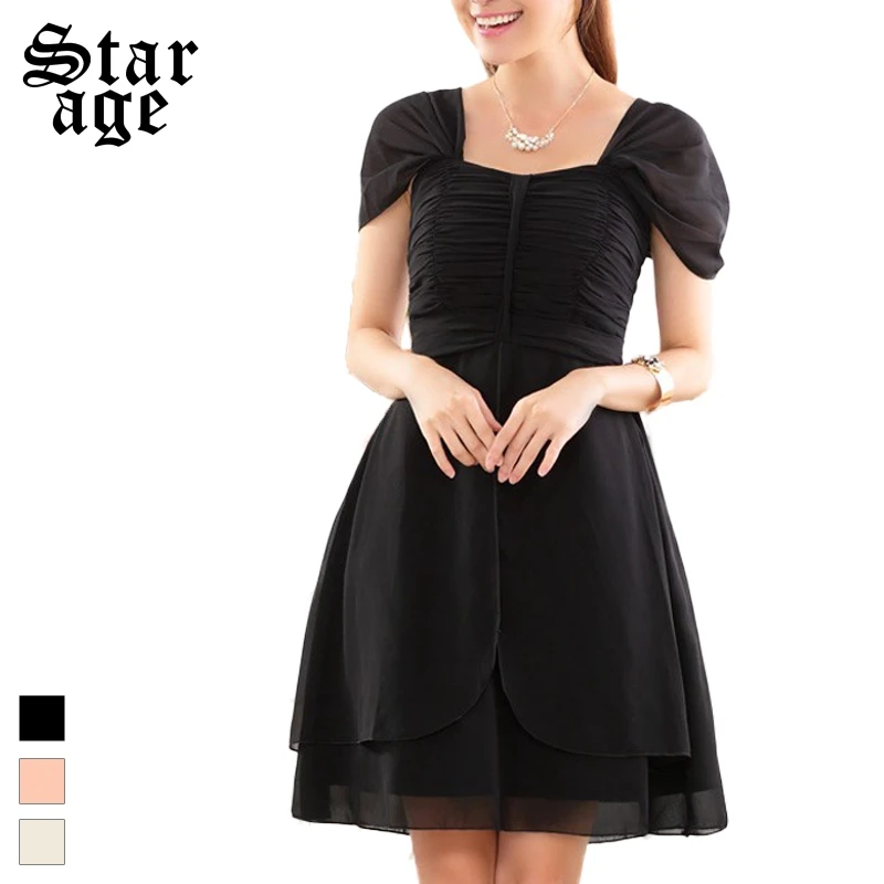 

M-XXXL Ladies Chiffon Sundress Pleated Short Sleeve Ribbon Bow Dresses Summer New Plus Size Women Formal Dress 9918