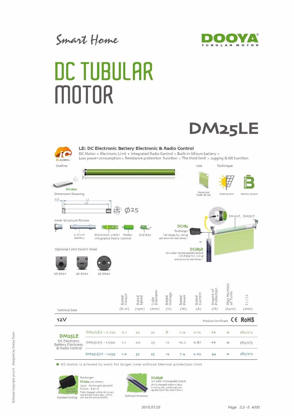 

Dooya tubular motor DM25LE/L-1.1N/40 with one channel/15 channel, 38mm tube lithium battery motor for roller blinds