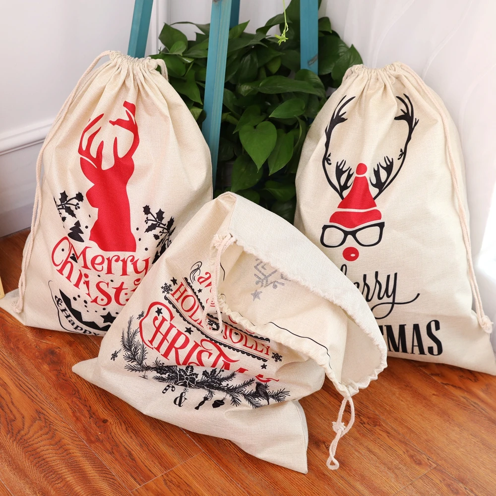 Новинка года; горячая распродажа; Рождественский Большой объем; на завязках льняные подарочные сумки с принтом оленя; 2 размера