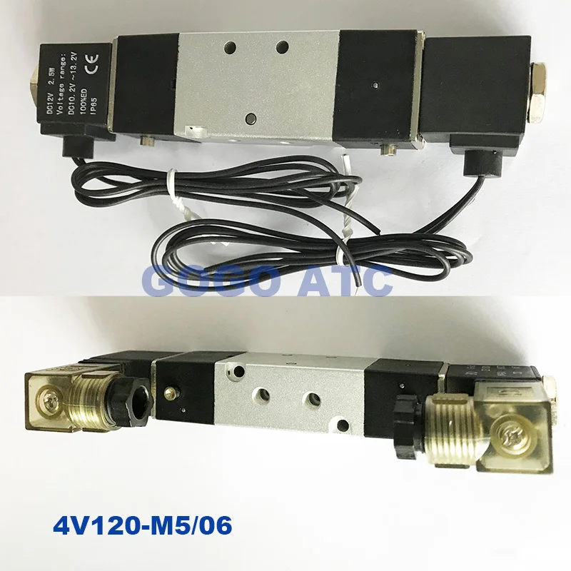 GOGO Пневматический электромагнитный клапан 4V120-M5 4V120-06 двойная катушка Порты и разъёмы M5 5/2 путь с регулирующим клапаном провод тип штепсельной вилки красный светодиодный свет