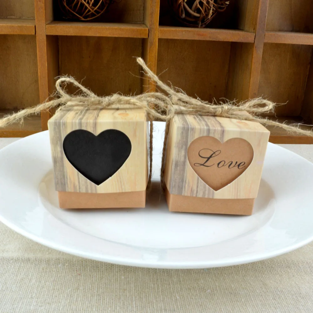 50 шт./лот, романтическая коробка для конфет в форме сердца для свадебного украшения, винтажная крафт-бумага, свадебные сувениры и подарочная коробка с канат джутовый шик