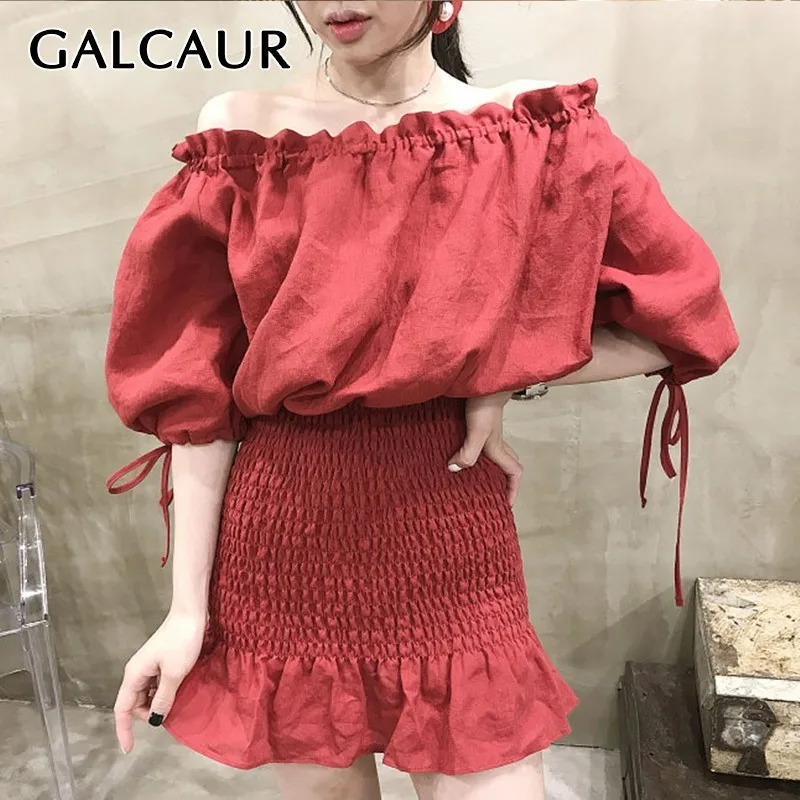 

GALAUR Korean Solid Women Dress Off Shoulder Slash Neck Three Quarter Sleeve High Waist Bodycon Mini Dresses Female Summer 2019