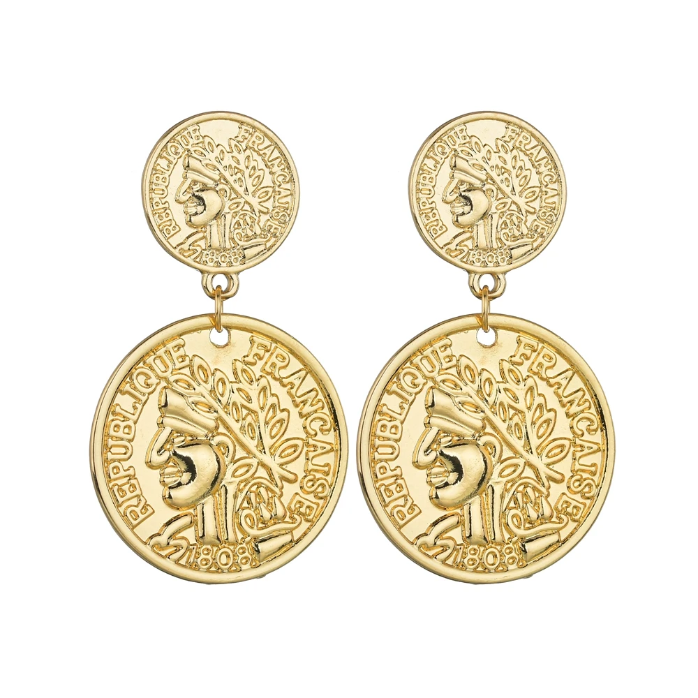 

MESTILO 2019 Good Quality Round Alloy Earrings Gold Silver Cameo Portrait Drop Earrings For Women Vintage Coin Pendant Earrings