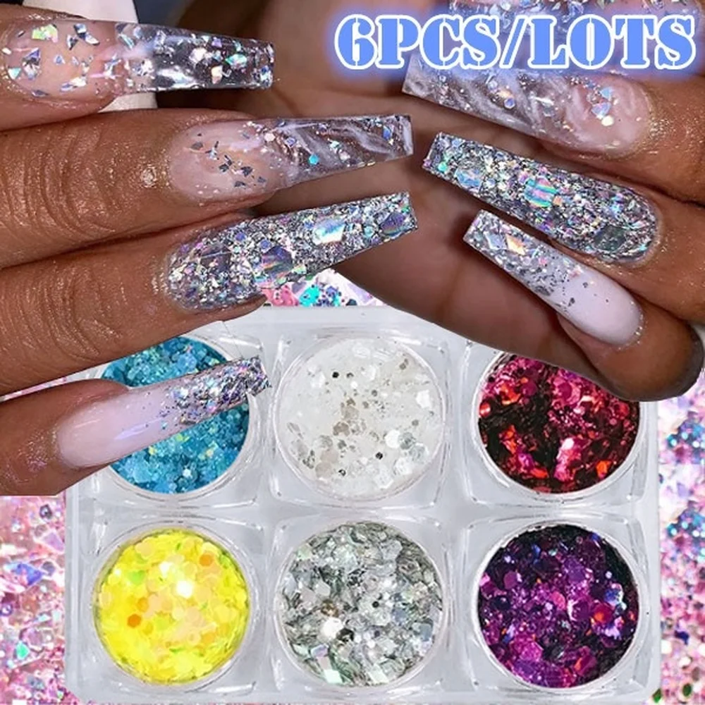 

6Pcs/Set Mixed Colors Shiny Glitter Powders Laser 3D Holographic Colorful Flakes Sequins Pigment Manicure Nail Art Decoration
