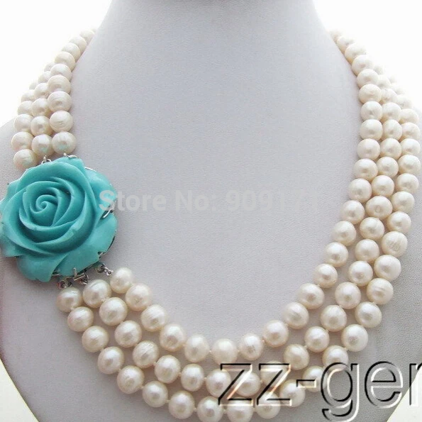 

9MM White Pearl Necklace-Turquoise Flower Clasp
