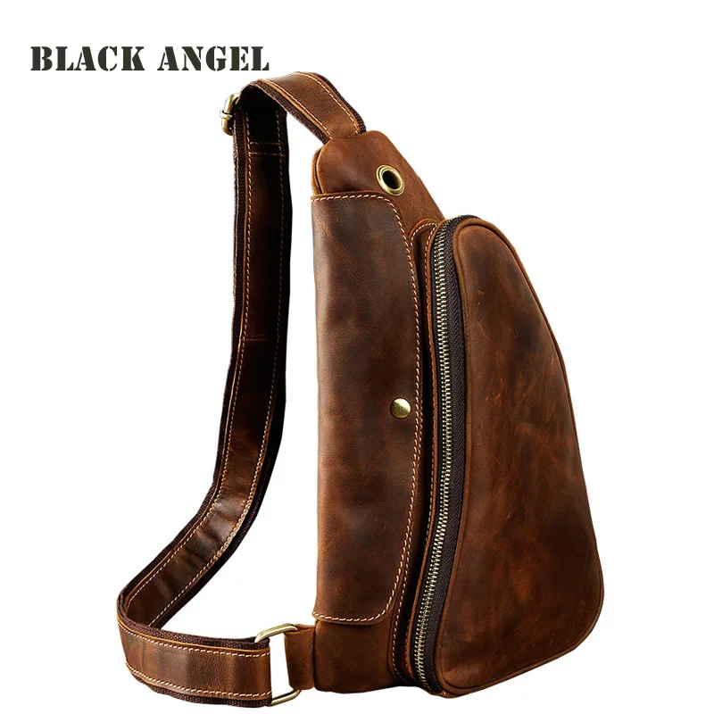 

Tide Mens Crazy Horse Leather Chest Pack Bag Travel Sling Bag Fashion Design Genuine Leather Messenger Bag Daypack