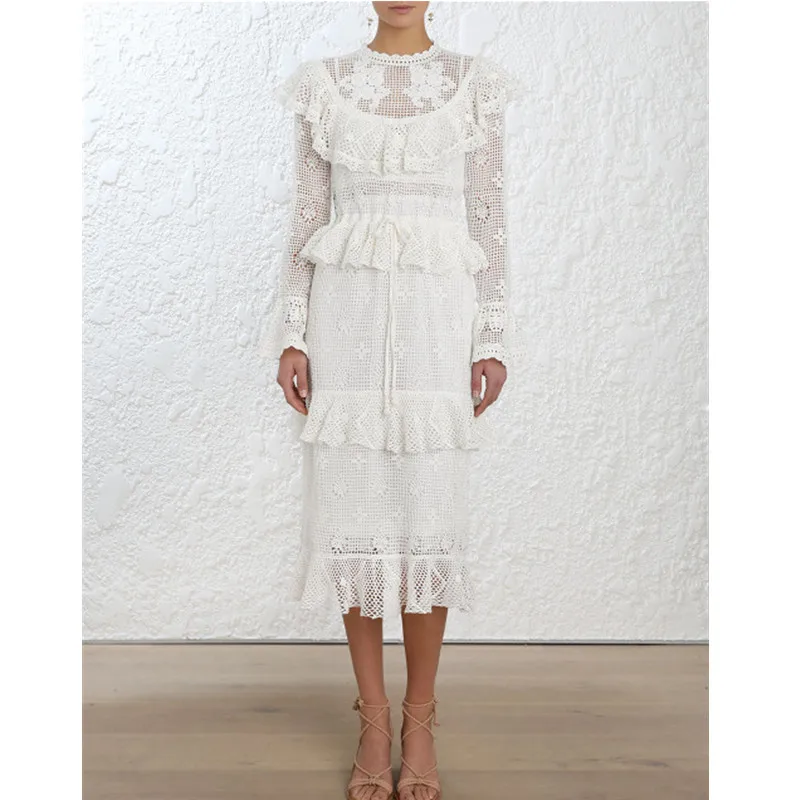 

Flower Embroidery White Lace Dress Female Flare Sleeve Hollow Out Ruffled Patchwork Midi Women's Dresses 2019 Spring New