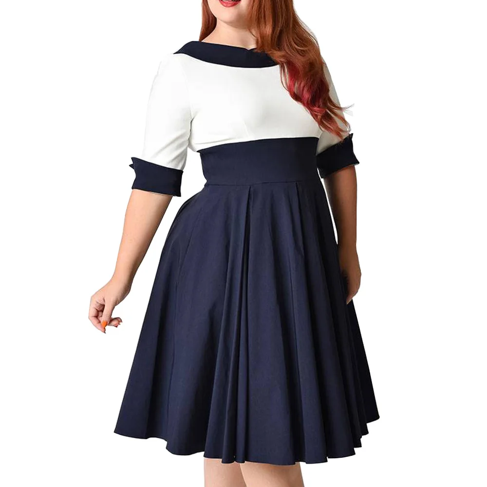 

Wipalo Plus Size 8XL Office Ladies Dress Cute Peter Pan Collar Half Sleeves Retro Dress Elegant Style Vintage Party Vestidos New