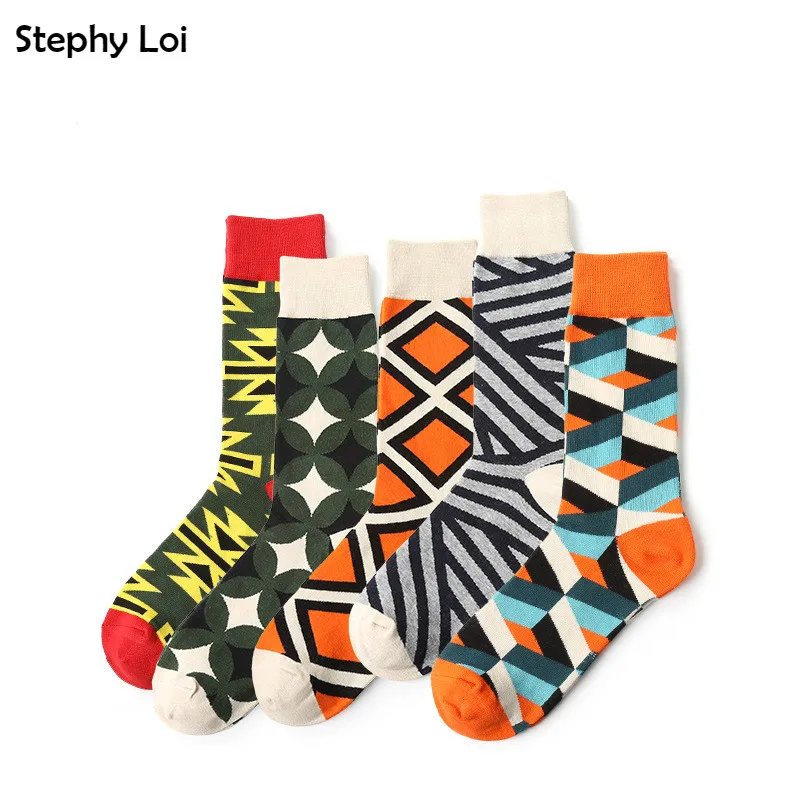 

New Arrival Cotton Men Crew Socks Strip Argyle Pattern Hip Hop British Style Casual Harajuku Designer Brand Novelty Happy Sox
