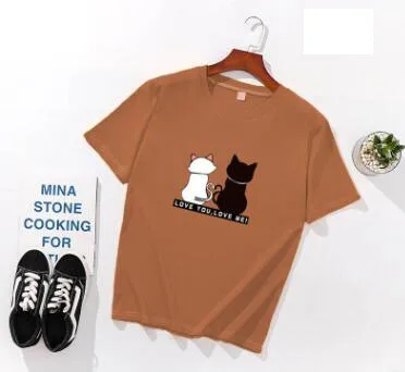 Khaki Женские футболки с принтом "Два кота", весна-лето, короткий рукав, круглый вырез, хлопок, спандекс, женские топы, футболки, облегающие Женские футболки - Цвет: Khaki