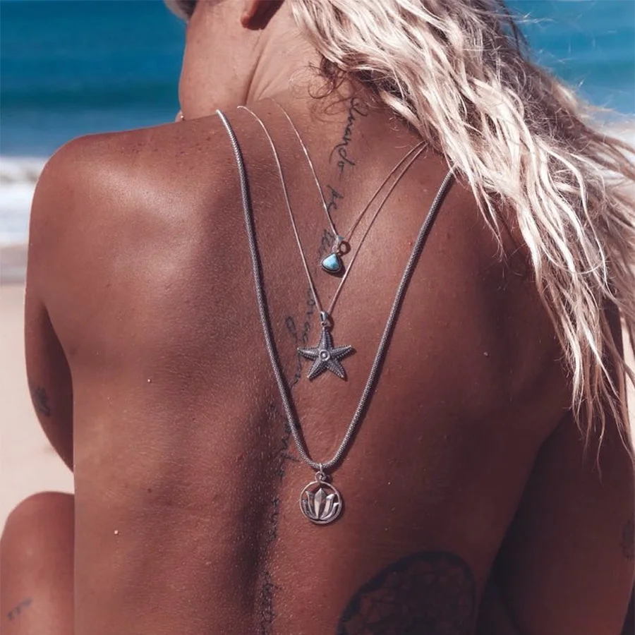 

OLOEY Retro Boho Multi-Layer Necklace Women Fashion Sexy Big Starfish Clavicle Chain Female Hot Back Chain Necklace Jewelry