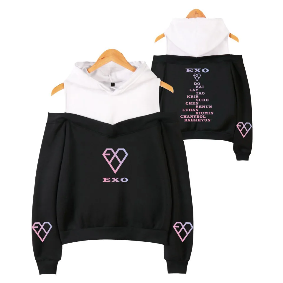 Худи Kpop EXO с открытыми плечами свитшот уличная одежда 2020 Женские Модные свитшоты