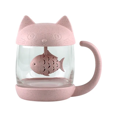 Pandapark креативная стеклянная кружка с милым котом, индивидуальная кружка с молоком, мультяшная чайная кружка с отделением для заварки кофе, стакан, кружки для завтрака PPX011 - Цвет: Pink Cat