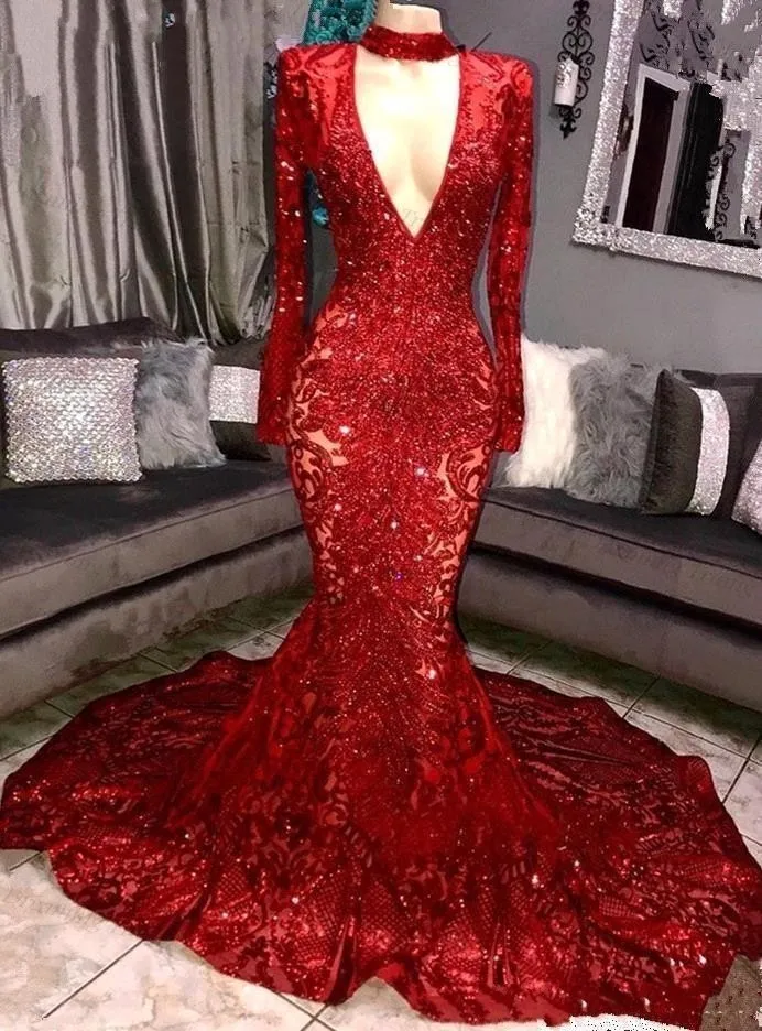 

Sexy Sparkly Sequins Long Sleeve Royal Blue Red Mermaid Prom Dresses 2019 Deep V Neck Women Evening Prom Party Gown Black Girls