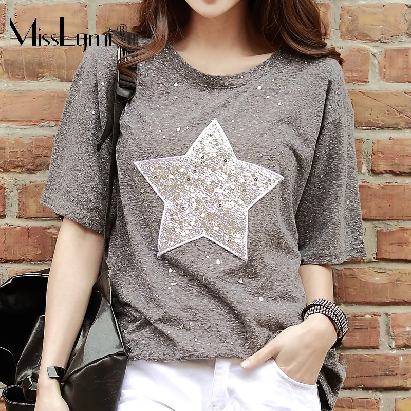 

XL-4XL Plus Size Fashion Pentacle Star Sequined Short Sleeve T-shirts for Women Summer 2018 Loose Casual Shiny Tee Shirt Tops
