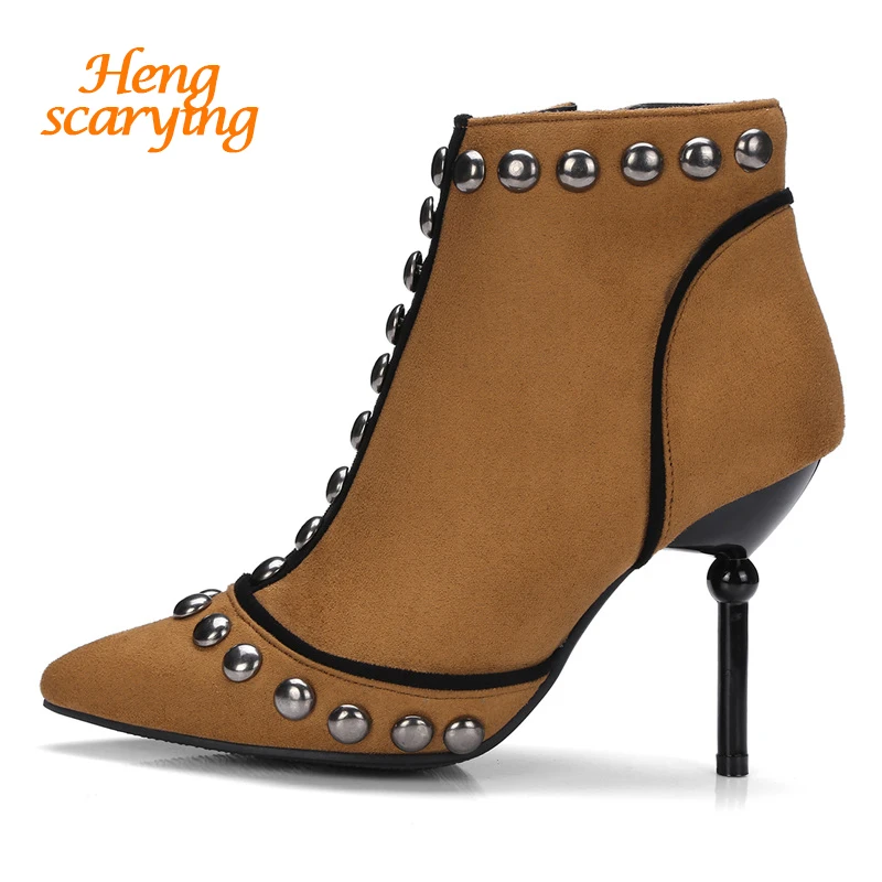 

2018 Plus Size 32-48 Women 9cm High Heels Ankle Fetish Rivets Boots Yellow Studded Stiletto Heels Winter Boots Suede Punk Shoes