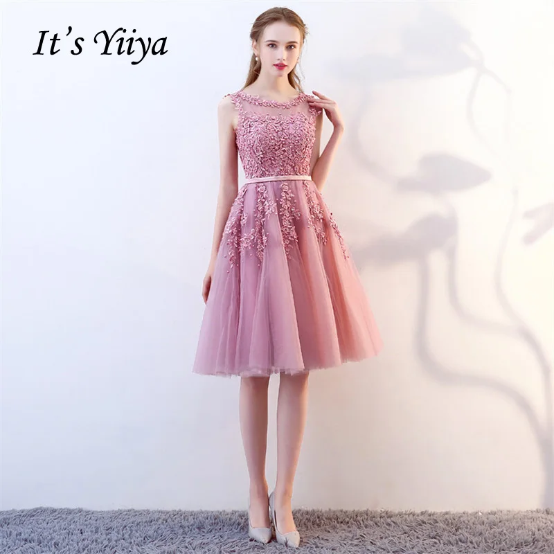 

It's YiiYa Cocktail Dress Pink Beading Embroidery Floral Sleeveless O-neck Knee-lenght Party Dresses MYF007 In Stock