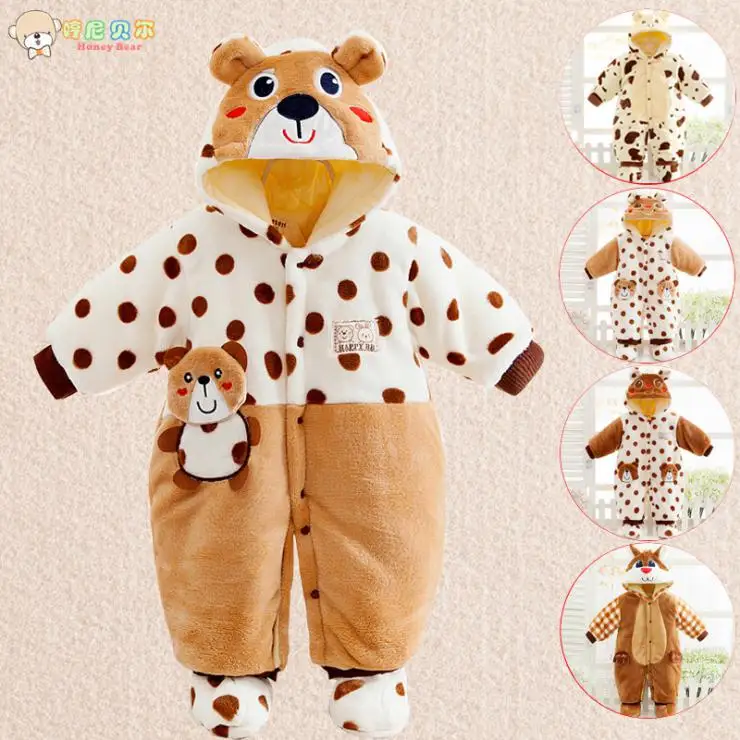 

2016 Flannel And Cotton Baby Winter Romper With Removable Hooded Full Newborn Babay Boy Rompers Character Infant Baby Clothes