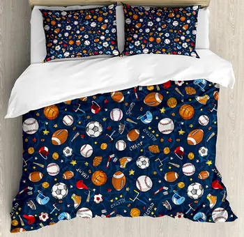 

Sport Duvet Cover Set Many Basketball Baseball and Football Icons Champ Gloves Dark Background Decorative 4 Piece Bedding Set