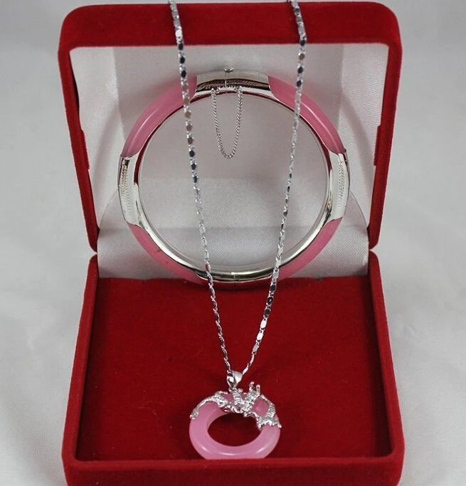 

FREE SHIPPING>>@> Jewelry 001148 Wonderful pink Jade Circle Dragon Pendants Necklace Bracelet Set Natural jewelry