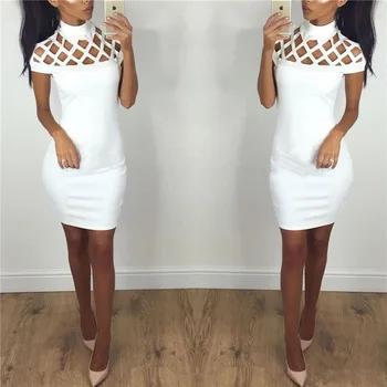 Autunm Women Dress Wholesale High Neck Hollow Out Evening Party Mini Dress Sexy Short Sleeve Bodycon Bandage Red Dress Vestidos