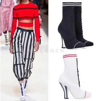 

Strange Style Heel Runway Women Boots Round Toe Wool Knitting Women Chelsea Boots ManliNaYa Brand Design Stripes Female Boots