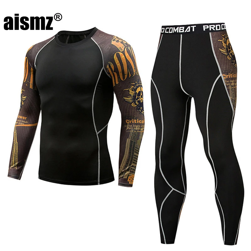 Aismz mma Рашгард с длинным рукавом фитнес набор колготки мужские компрессионные эластичные быстросохнущие дышащие тактические мужские комплекты футболок - Цвет: AZ-117