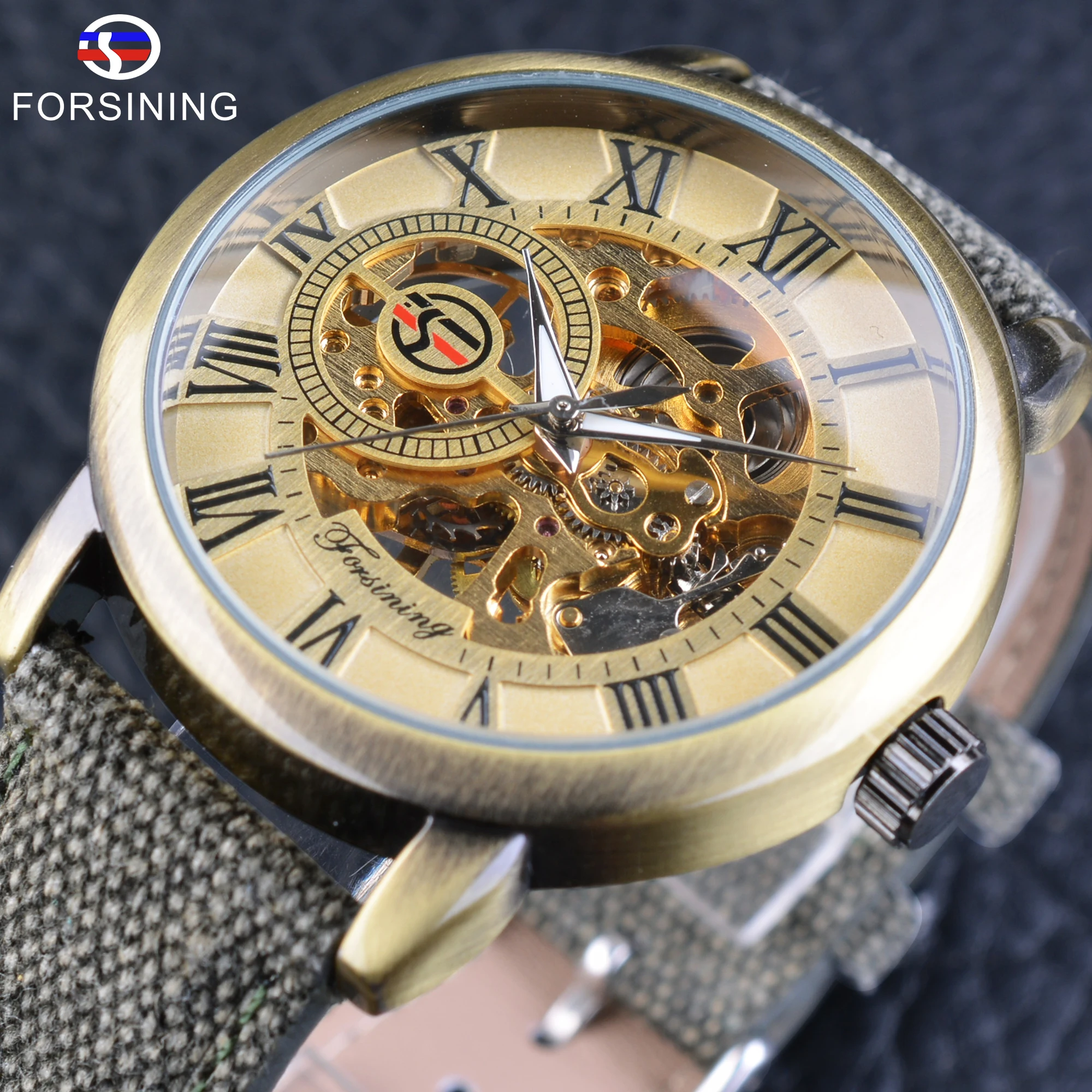 

Forsining Top Brand Luxury Mechanical Skeleton Watch Retro Bronze Design Roman Green Nylon Band Men's Military Wrist Watches