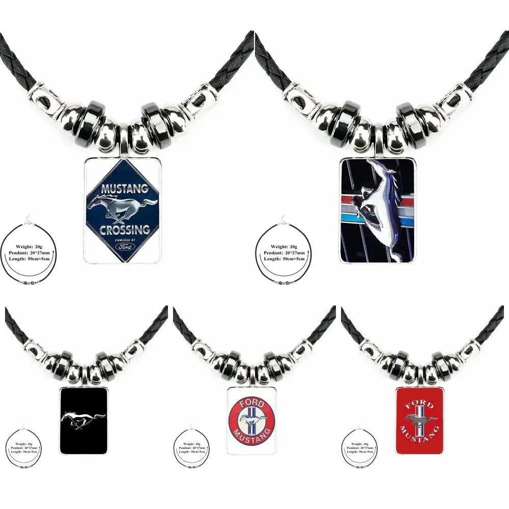 

EJ Glaze For Unisex Party Gift Mustang Car Logo Jewelry Classic Glass Cabochon Black Leather Bead Pendant Chain Necklace