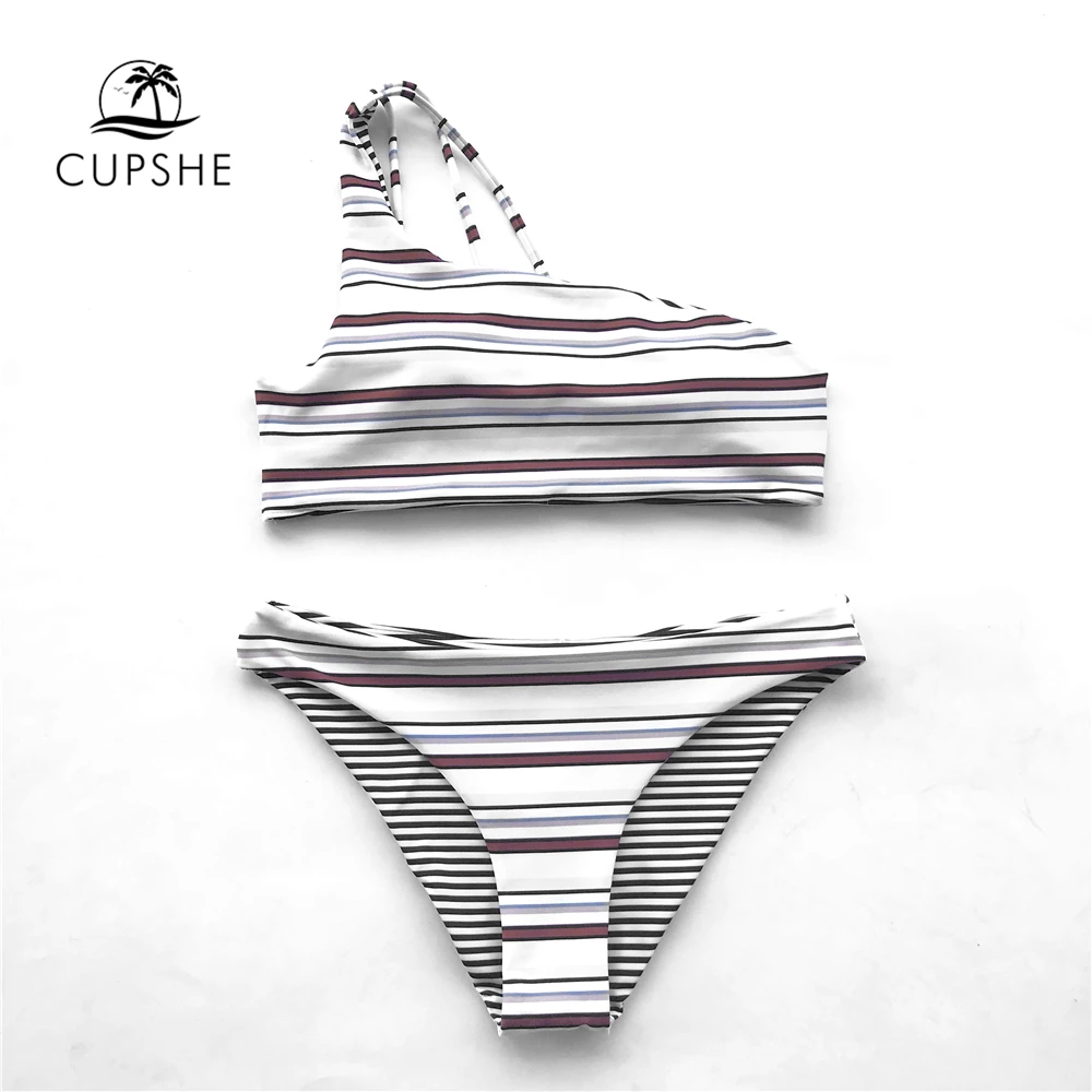 CUPSHE Stripe Reversible Bikini Set Women One shoulder Strappy At Back