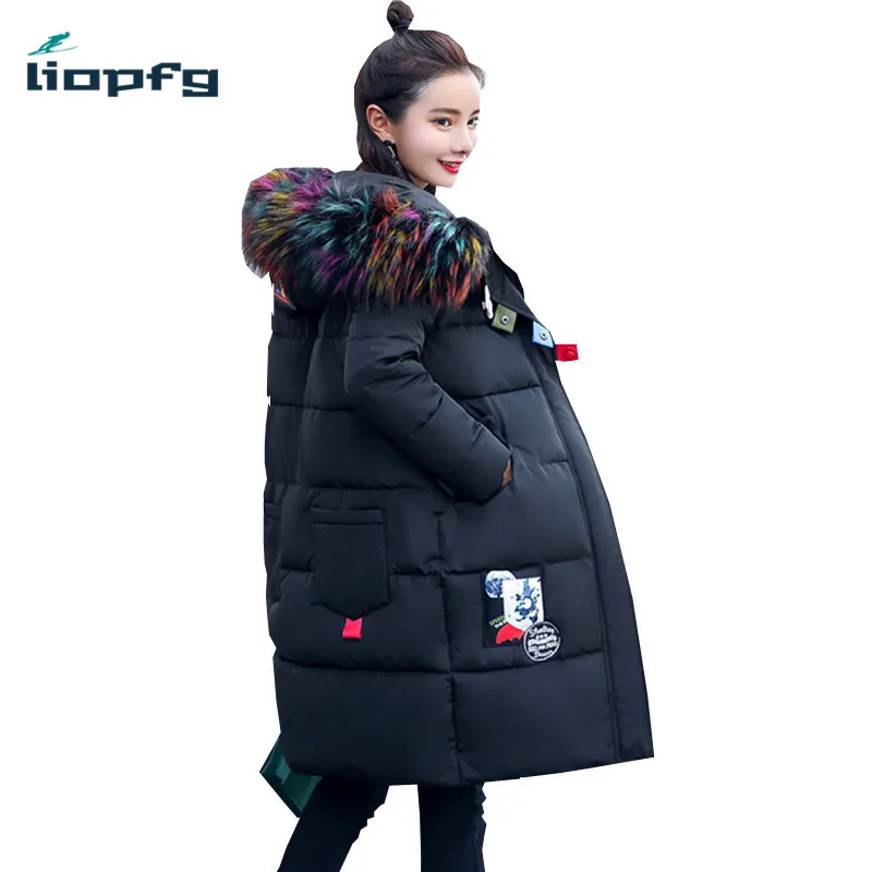 

Women Winter Coat 2017 New Large Fur Collar Long Paragraph Cotton Students Thickening Hooded Wild Cotton Blue Women Parkas WM509