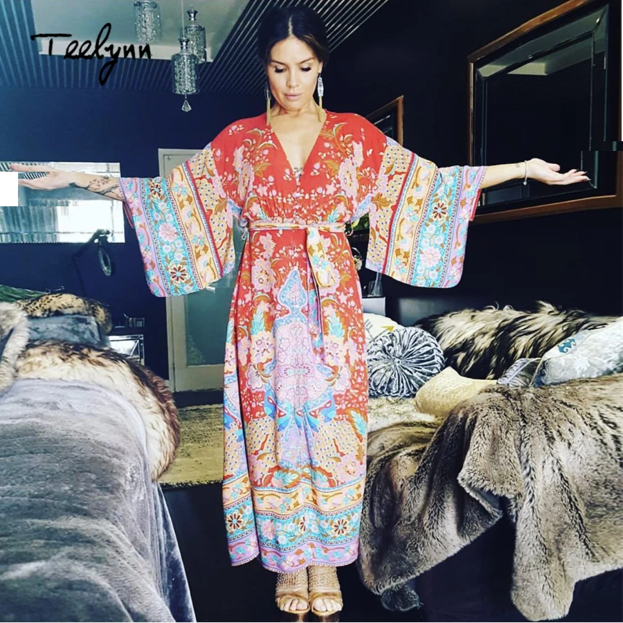 

Teelynn maxi Boho dresses red peacock floral print long dress sexy V-neck elastic waist Bohemia women dresses 2018 chic vestido