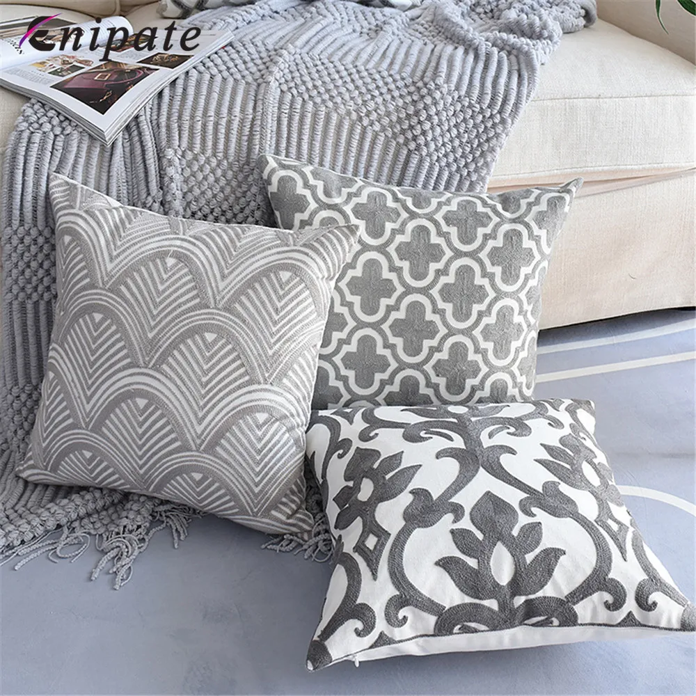 

Enipate 1 PC Nordic Geometric Cushion Cover Gray Embroidered Canvas Cotton Throw Pillow Cover For Sofa Car Home Decor