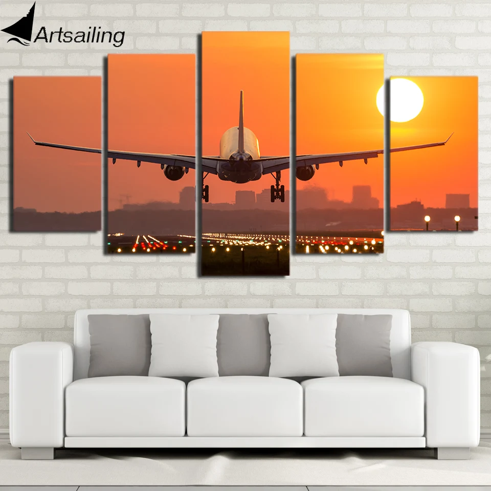 HD Printed 5 Piece Canvas  Art  Airplane Sunset Canvas  