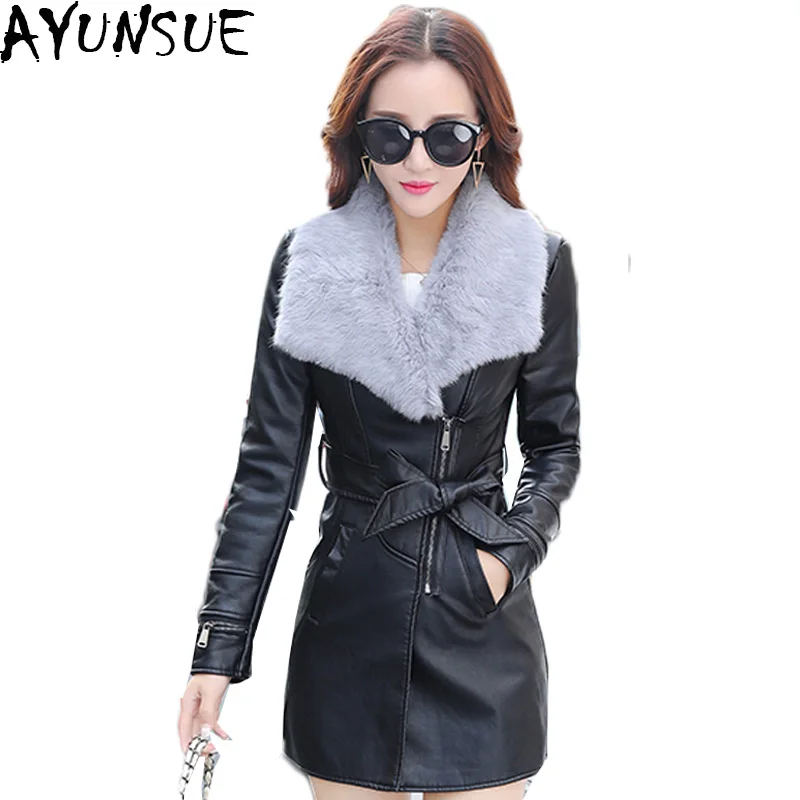 AYUNSUE/Куртки из искусственной мягкой кожи,, новинка, осенне-зимняя женская черная куртка из искусственной кожи, длинная толстая верхняя одежда, pimkie Plus Szie LX940