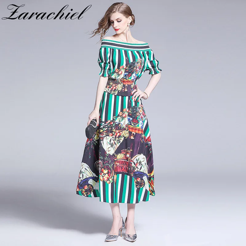 

2019 Summer Women's Sets Suits Off Shoulder Elastic Slash Neck Floral Print Crop Top+Maxi Skirt Set Runway Striped Two Piece Set
