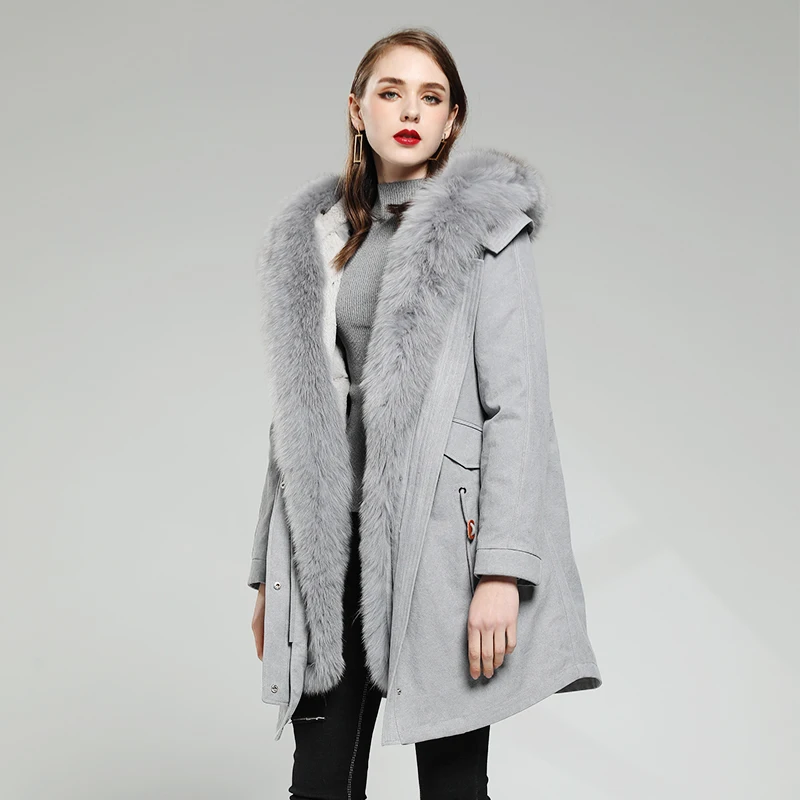 2018 New Winter Real Fox Fur Coat Genuine Rabbit Parka Real Furs Collar Hood Coats and Jackets Women Down Cotton Thick Clothes