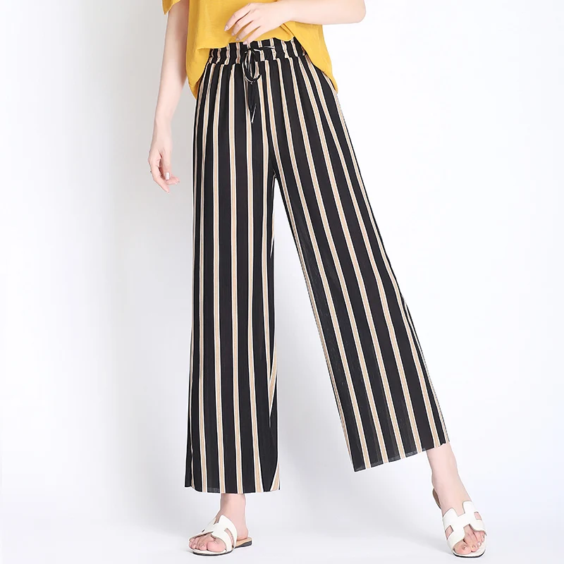 2019 New Women Casual Trousers Elastic Waist Ladies Summer Stripe Wide Leg Pants Plus Size Loose High Waist Pants 2019 New Women Casual Trousers Elastic Waist Ladies Summer Stripe Wide Leg Pants Plus Size Loose High Waist Pants