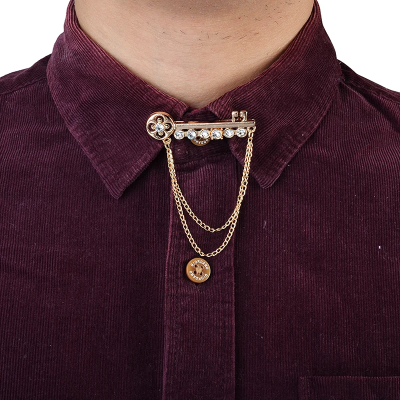 OBN Brand Gold Chain Rhinestone Mens Shirt Collar Brooch Tie Stick